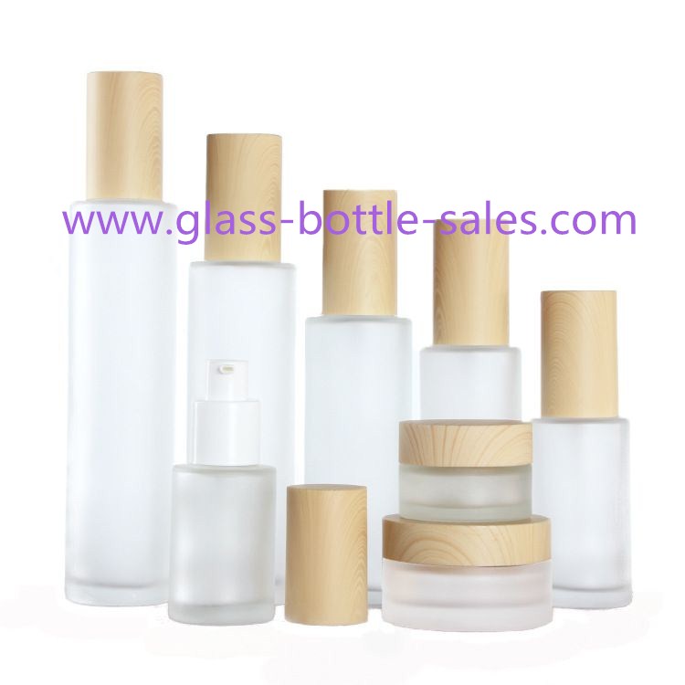 透明蒙砂圆柱形玻璃乳液瓶和膏霜瓶配木纹盖