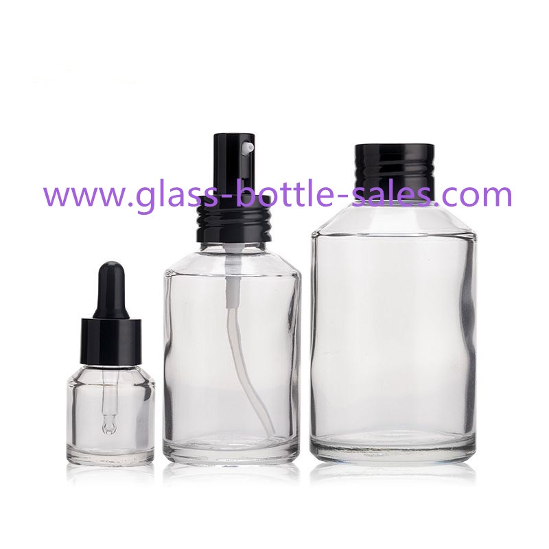 Clear Sloping Shoulder Glass Lotion Bottles With Droppers Caps Pumps