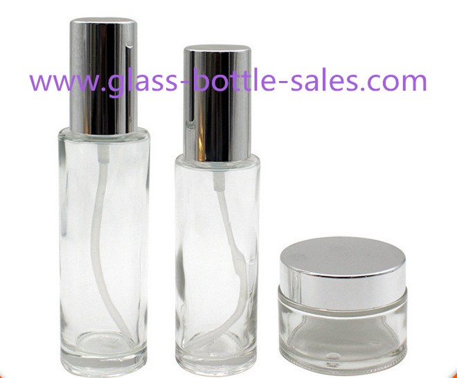 透明圆柱形玻璃乳液瓶和玻璃膏霜瓶配银色盖子