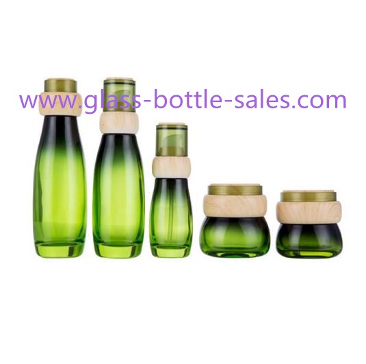Hot Item 40ml,100ml,120ml,30g,50g Green Glass Cosmetic Bottles With Wood Caps For Skincare 