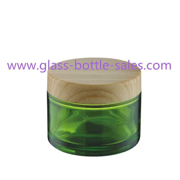 100g绿色喷涂圆形玻璃膏霜瓶和配套木纹盖
