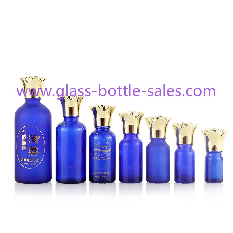 Blue Color Essential Oil Bottles With New Gold Flower Caps
